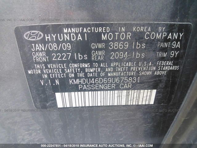 KMHDU46D69U675831 - 2009 HYUNDAI ELANTRA GLS/SE GRAY photo 9