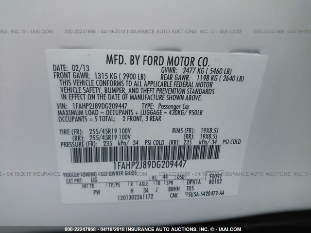 1FAHP2J89DG209447 - 2013 FORD TAURUS LIMITED WHITE photo 9