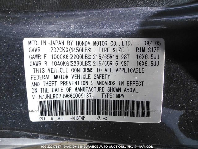 JHLRD78966C009187 - 2006 HONDA CR-V SE/EX GRAY photo 9