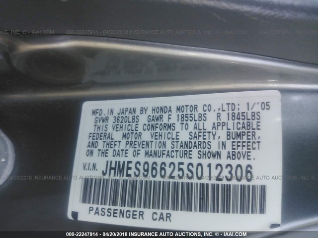 JHMES96625S012306 - 2005 HONDA CIVIC HYBRID GRAY photo 9