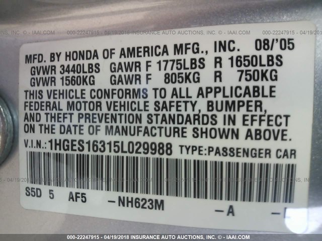 1HGES16315L029988 - 2005 HONDA CIVIC DX VP 银色 照片 9