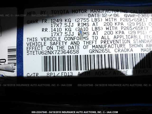 5TETU62NX7Z364658 - 2007 TOYOTA TACOMA PRERUNNER ACCESS CAB BLUE photo 9