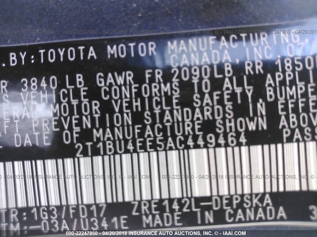 2T1BU4EE5AC449464 - 2010 TOYOTA COROLLA S/LE/XLE GRAY photo 9