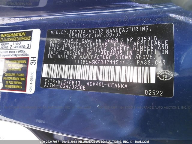 4T1BE46K78U211514 - 2008 TOYOTA CAMRY CE/LE/XLE/SE BLUE photo 9