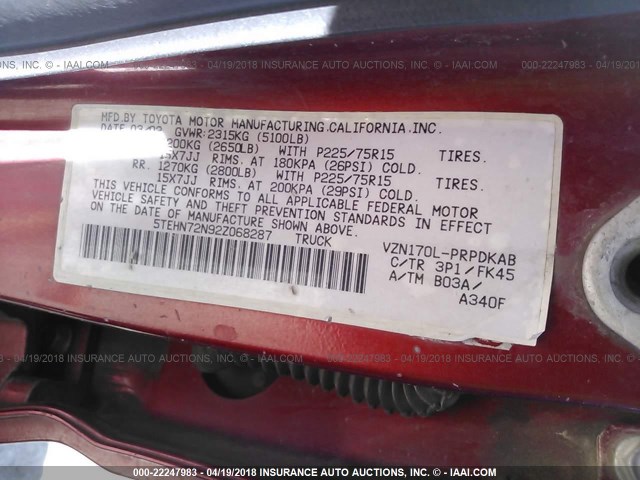 5TEHN72N92Z068287 - 2002 TOYOTA TACOMA DOUBLE CAB RED photo 9