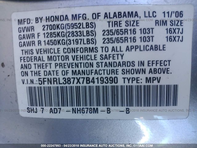 5FNRL387X7B419390 - 2007 HONDA ODYSSEY EXL ვერცხლისფერი ფოტო 9