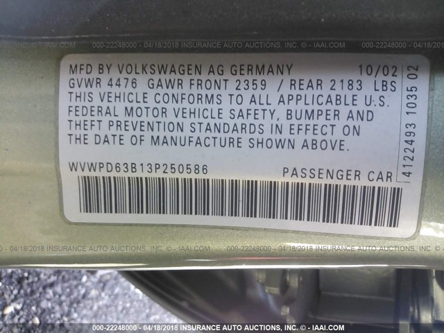 WVWPD63B13P250586 - 2003 VOLKSWAGEN PASSAT GLS GREEN photo 9