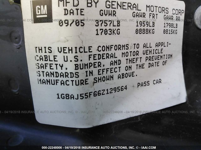 1G8AJ55F66Z129564 - 2006 SATURN ION LEVEL 2 GREEN photo 9
