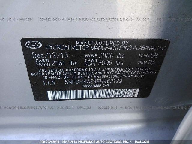 5NPDH4AE4EH462129 - 2014 HYUNDAI ELANTRA SE/SPORT/LIMITED SILVER photo 9