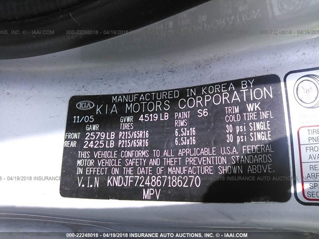 KNDJF724867186270 - 2006 KIA NEW SPORTAGE  SILVER photo 9