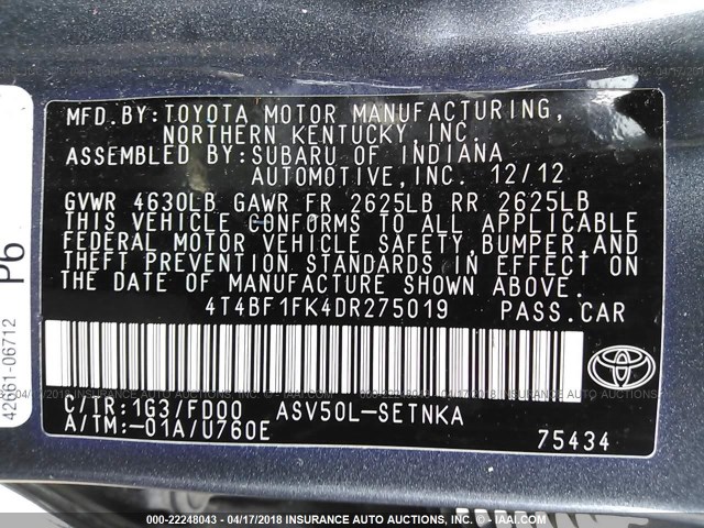 4T4BF1FK4DR275019 - 2013 TOYOTA CAMRY L/SE/LE/XLE GRAY photo 9