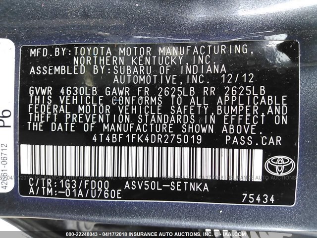 4T4BF1FK4DR275019 - 2013 TOYOTA CAMRY L/SE/LE/XLE 灰色 照片 9