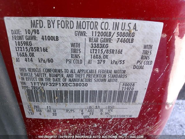 1FTWF32F1XEC38030 - 1999 FORD F350 SUPER DUTY RED photo 10