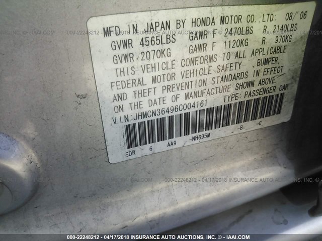 JHMCN36496C004161 - 2006 HONDA ACCORD HYBRID SILVER photo 9