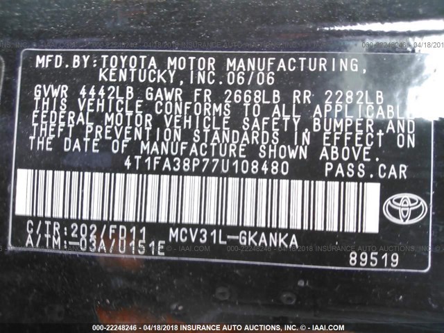 4T1FA38P77U108480 - 2007 TOYOTA CAMRY SOLARA SE/SLE BLACK photo 9