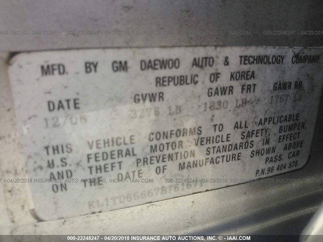 KL1TD66667B761671 - 2007 CHEVROLET AVEO LS SILVER photo 9