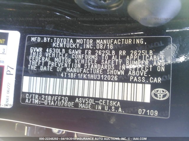 4T1BF1FK1HU312026 - 2017 TOYOTA CAMRY LE/XLE/SE/XSE 黑色 照片 9