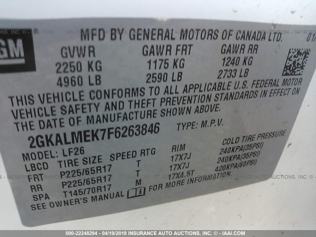 2GKALMEK7F6263846 - 2015 GMC TERRAIN SLE WHITE photo 9