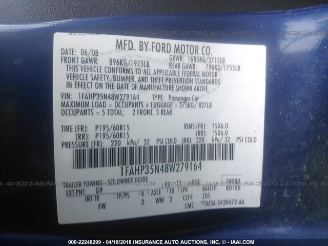 1FAHP35N48W279164 - 2008 FORD FOCUS SE/SEL/SES BLUE photo 9