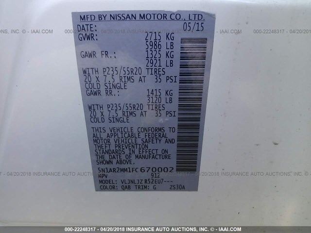 5N1AR2MM1FC670002 - 2015 NISSAN PATHFINDER S/SV/SL/PLATINUM WHITE photo 9