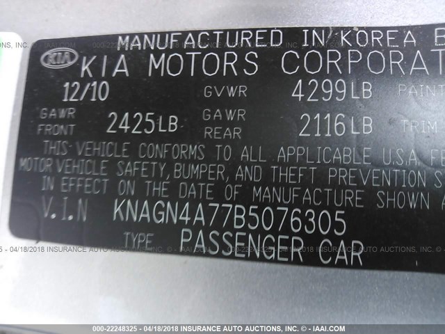 KNAGN4A77B5076305 - 2011 KIA OPTIMA EX/SX BEIGE photo 9