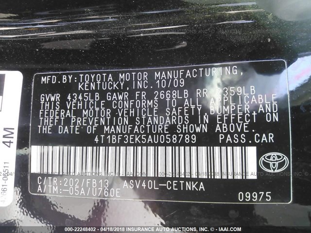 4T1BF3EK5AU058789 - 2010 TOYOTA CAMRY SE/LE/XLE BLACK photo 9