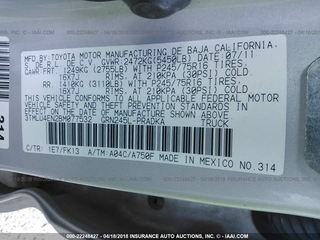 3TMLU4EN2BM077532 - 2011 TOYOTA TACOMA DOUBLE CAB ვერცხლისფერი ფოტო 9