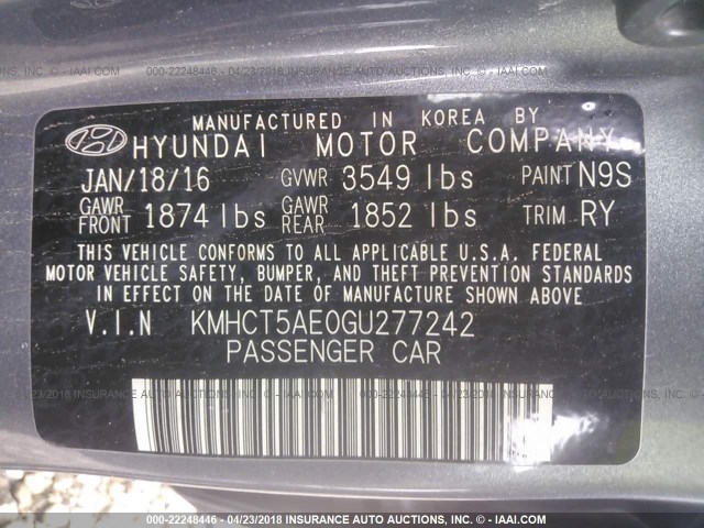 KMHCT5AE0GU277242 - 2016 HYUNDAI ACCENT SE SILVER photo 9