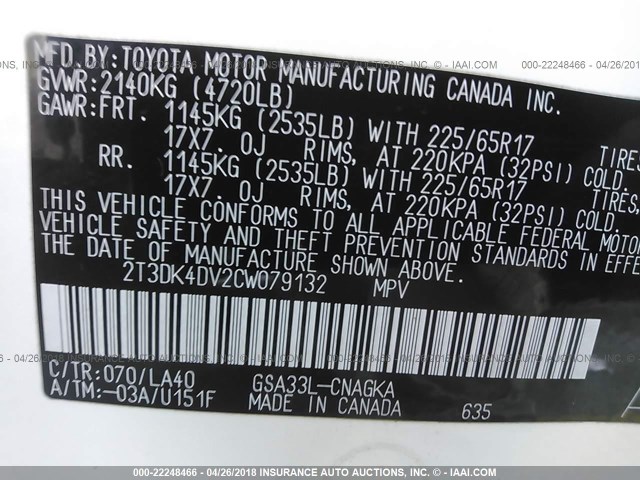 2T3DK4DV2CW079132 - 2012 TOYOTA RAV4 LIMITED Ağ foto 9