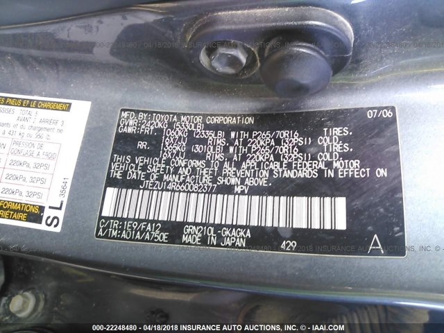 JTEZU14R660082377 - 2006 TOYOTA 4RUNNER SR5/SPORT GRAY photo 9