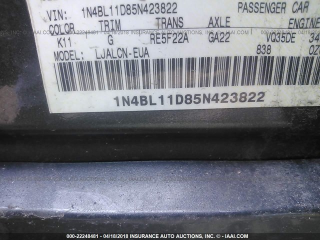 1N4BL11D85N423822 - 2005 NISSAN ALTIMA SE/SL/SE-R GRAY photo 9