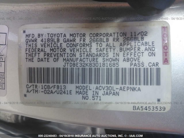 JTDBE32K830181685 - 2003 TOYOTA CAMRY LE/XLE SILVER photo 9