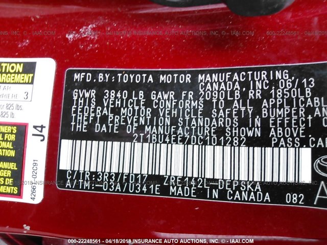 2T1BU4EE7DC101282 - 2013 TOYOTA COROLLA S/LE RED photo 9