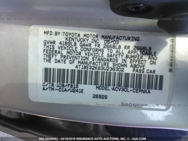 4T1BE32K63U236302 - 2003 TOYOTA CAMRY LE/XLE/SE 银色 照片 9