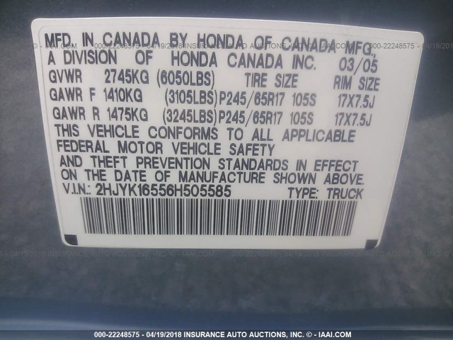 2HJYK16556H505585 - 2006 HONDA RIDGELINE RTL TEAL photo 9