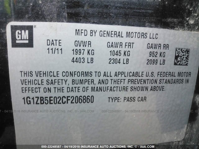 1G1ZB5E02CF206860 - 2012 CHEVROLET MALIBU LS BLACK photo 9