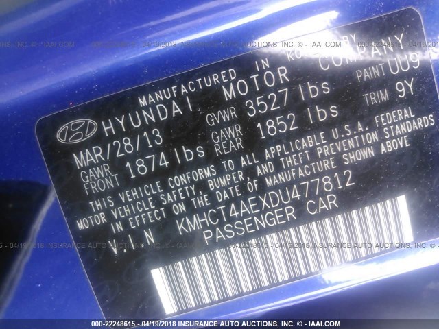 KMHCT4AEXDU477812 - 2013 HYUNDAI ACCENT GLS/GS BLUE photo 9