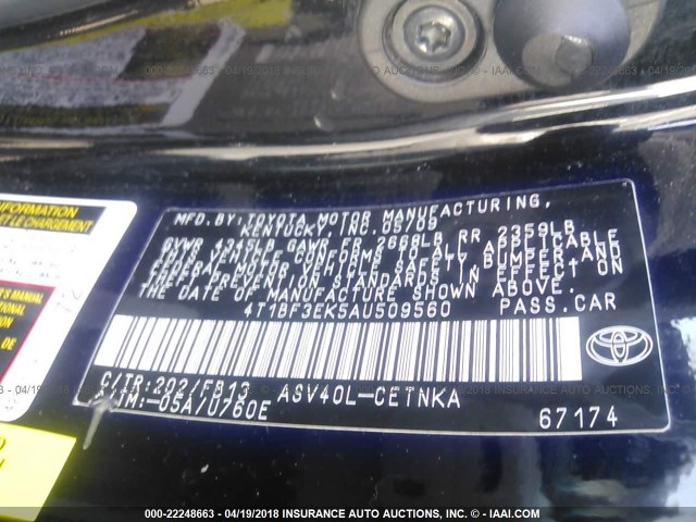 4T1BF3EK5AU509560 - 2010 TOYOTA CAMRY SE/LE/XLE BLACK photo 9