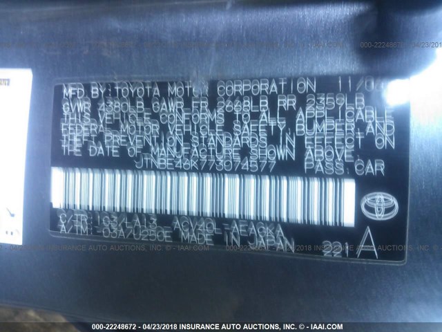 JTNBE46K773074577 - 2007 TOYOTA CAMRY NEW GENERAT CE/LE/XLE/SE GRAY photo 9