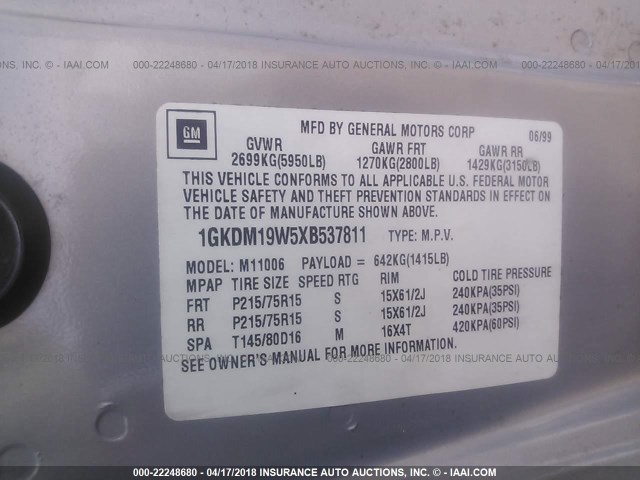 1GKDM19W5XB537811 - 1999 GMC SAFARI XT SILVER photo 9