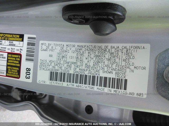 3TMJU4GN3BM123826 - 2011 TOYOTA TACOMA DOUBLE CAB PRERUNNER SILVER photo 9