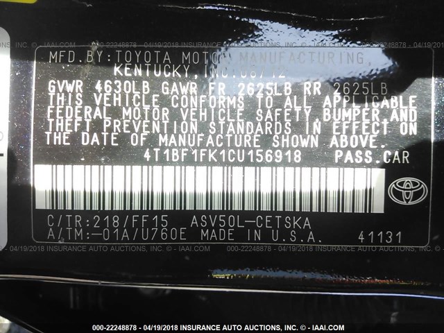 4T1BF1FK1CU156918 - 2012 TOYOTA CAMRY SE/LE/XLE BLACK photo 9