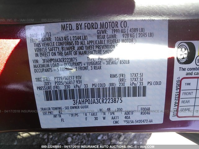 3FAHP0JA3CR223875 - 2012 FORD FUSION SEL RED photo 9