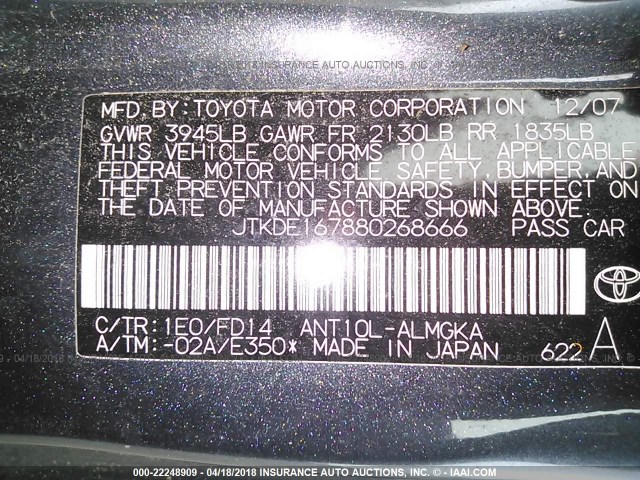 JTKDE167880268666 - 2008 TOYOTA SCION TC ნაცრისფერი ფოტო 9