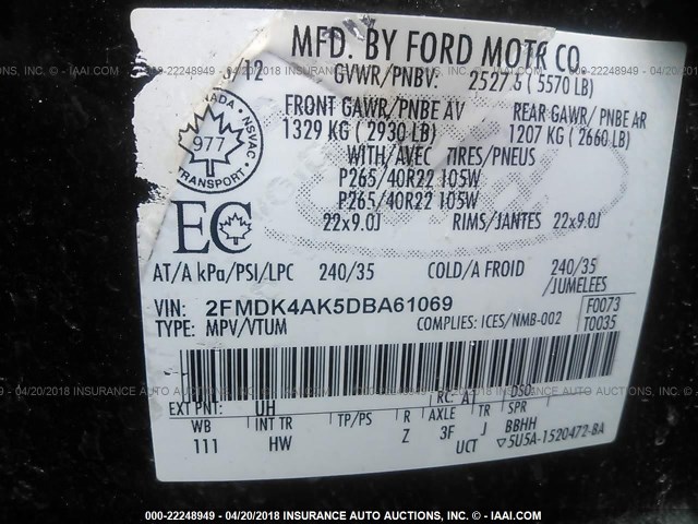 2FMDK4AK5DBA61069 - 2013 FORD EDGE SPORT BLACK photo 9