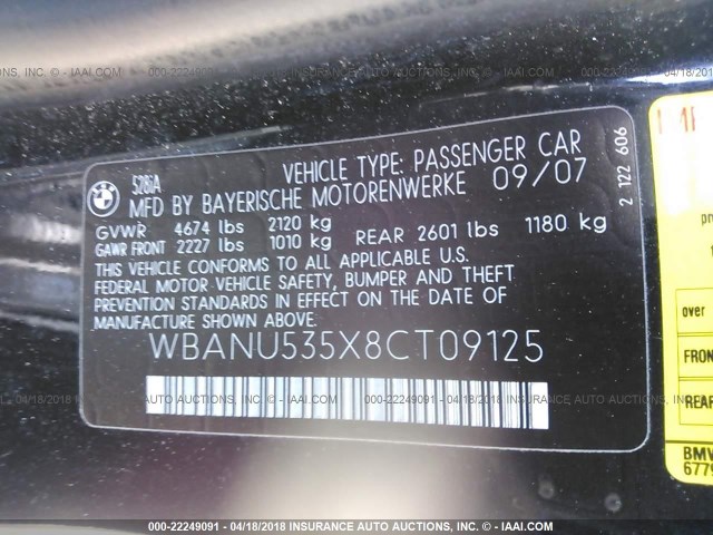 WBANU535X8CT09125 - 2008 BMW 528 I BLACK photo 9