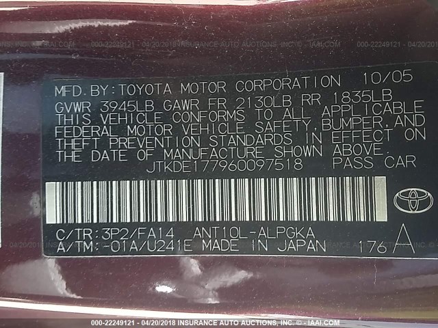 JTKDE177960097518 - 2006 TOYOTA SCION TC 勃艮第红 照片 9