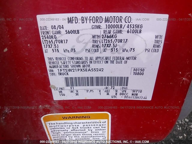 1FTSW21PX5EA55242 - 2005 FORD F250 SUPER DUTY RED photo 9