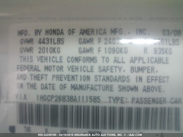 1HGCP26838A111585 - 2008 HONDA ACCORD EXL WHITE photo 9