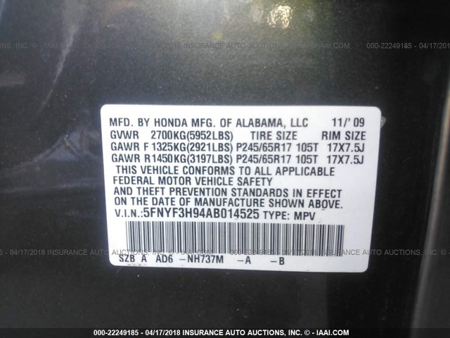 5FNYF3H94AB014525 - 2010 HONDA PILOT TOURING GRAY photo 9